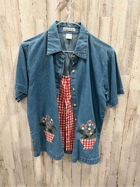 Vintage 90s Maggie & Max Blue Denim Button-Down Shirt Red Gingham Small Picnic